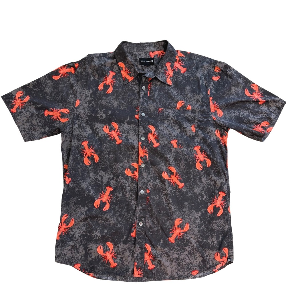 Ocean Current Mens XL Lobster Print Short Sleeve Button Down Cottage Shirt Grey